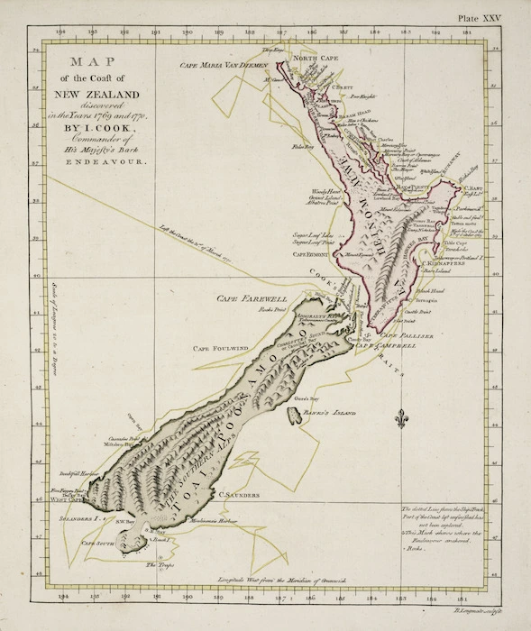 Historic Map of New Zealand by Captain Cook, 1769